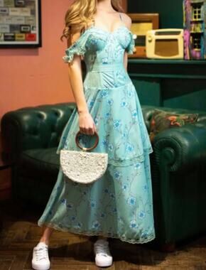 Corset Story Dress Mint Green Blue Floral Lace Fairy Cottagecore Size 28" Waist